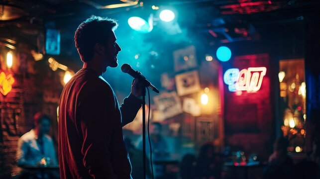 Comedian performing stand-up show on stage routine in comedy club