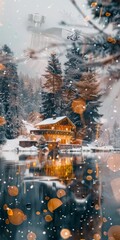 Obraz premium A house with a ski lift in the background. The house is surrounded by trees and snow. The photo has a cozy and peaceful feeling to it