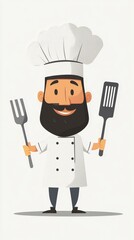 Stylized image of a chef holding a spatula and wearing a chef's hat, flat style on white background.