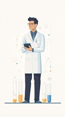 Stylized image of a scientist with a lab coat and test tubes, flat style on white background.