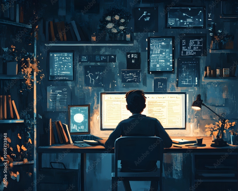 Aufkleber a focused individual working at a desk surrounded by technology, coding in a dimly lit room filled w