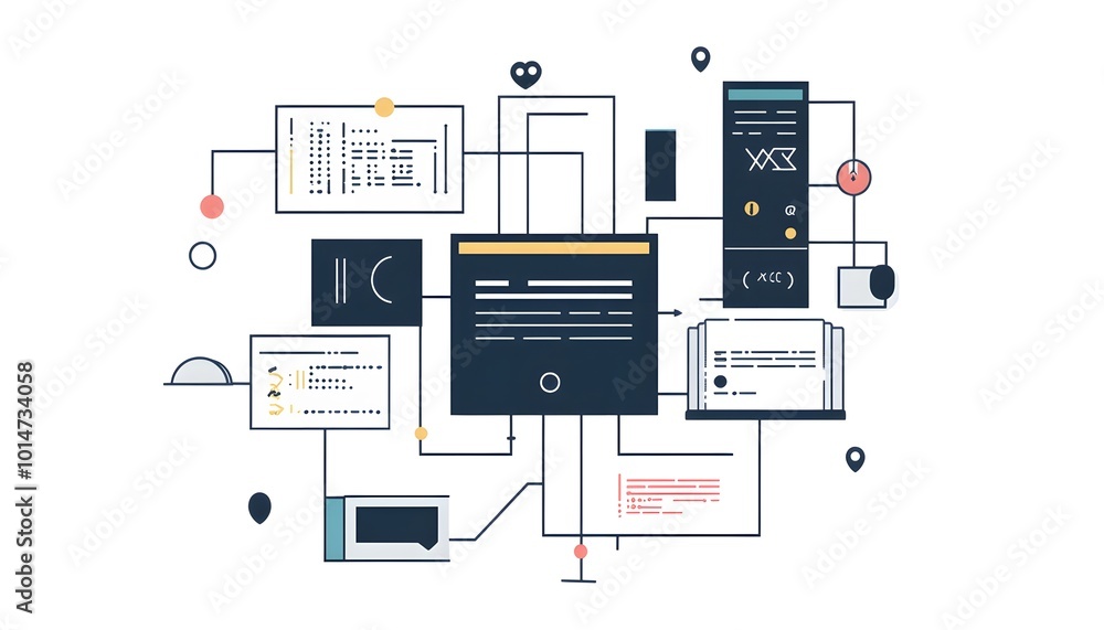 Poster a modern digital interface with various data elements interconnected to illustrate technology and co