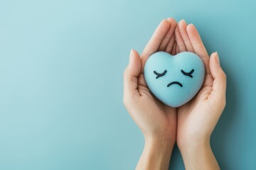 Close-up of hands holding a blue sad heart with a sad smiley face against a pastel blue background, perfect for expressing feelings of sadness and mental health awareness