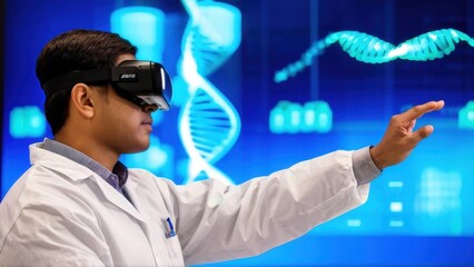 A scientist uses virtual reality to interact with a 3D DNA model in a lab setting.