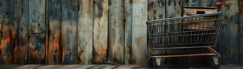A rustic shopping cart stands against a worn wooden wall, capturing a unique blend of industrial charm and everyday utility.