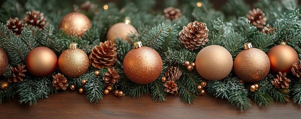 Rustic wooden table decorated with pine branches, candles, candy canes, gift boxes. Background, banner, wallpaper