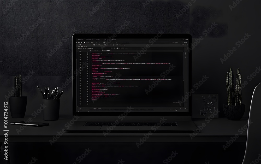 Poster a sleek laptop on a modern desk, showcasing programming code on a dark screen, creating a minimalist