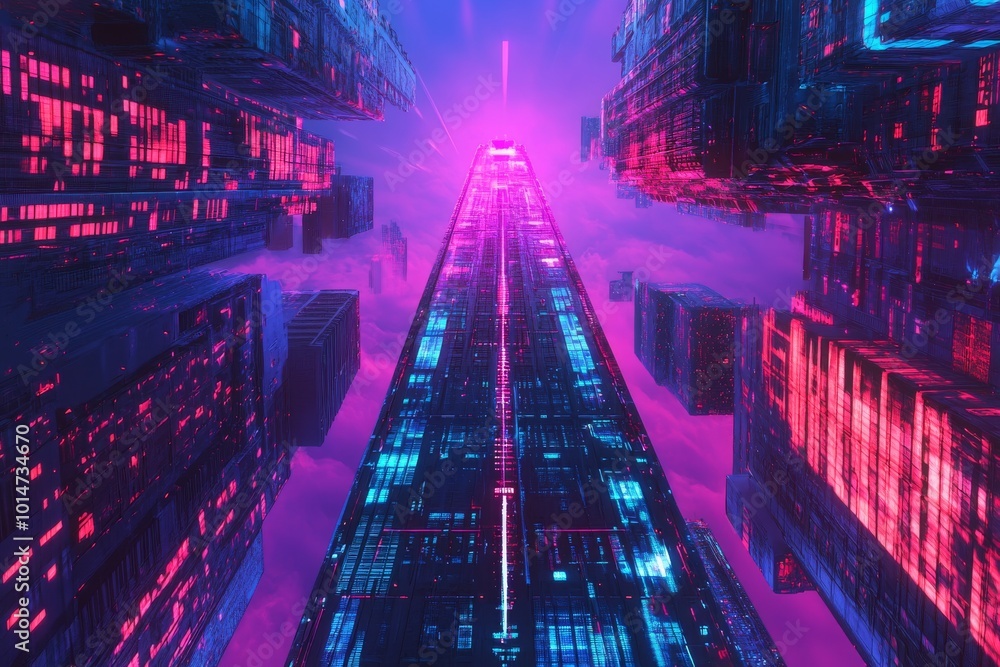 Aufkleber dynamic abstract background showcasing a synthwave skyscraper with neon hues and intricate designs.