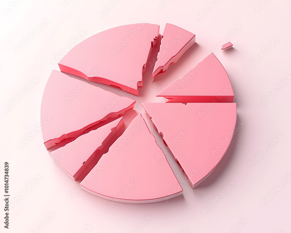 Poster a stylized pink pie chart broken into pieces, symbolizing data division and analysis in a modern des