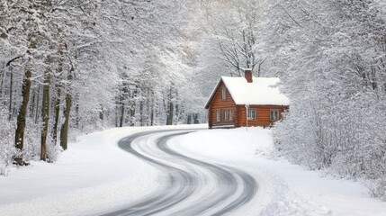 Snow-covered road winding through a winter forest, leading to a picturesque cabin retreat, perfect for winter travel.
