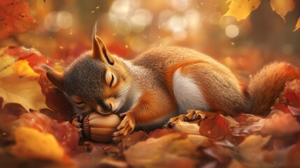 Fototapeta premium A cute squirrel sleeping in an acorn, surrounded by autumn leaves