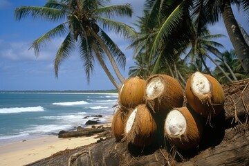 Fresh Coconuts on Tropical Beach with Palm Trees