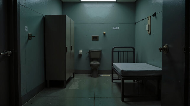 Empty prison cell with metal bed, toilet, and locker