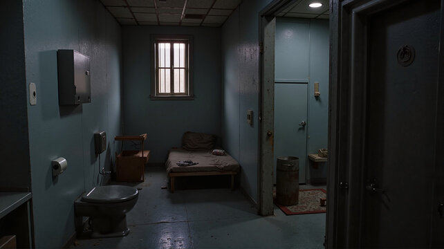 Dimly lit prison cell with basic bed and barred window