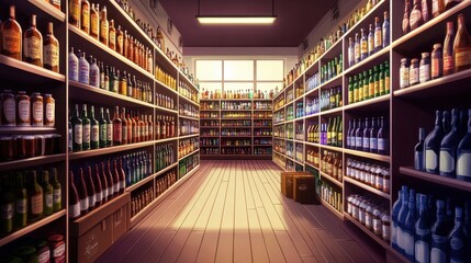 Spacious liquor store interior, shelves filled with bottles, creative fictitious labels for branding, and well-organized aisles under soft lighting.