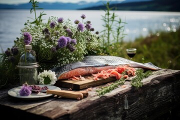 Freshly Prepared Salmon with Herbs and Flowers