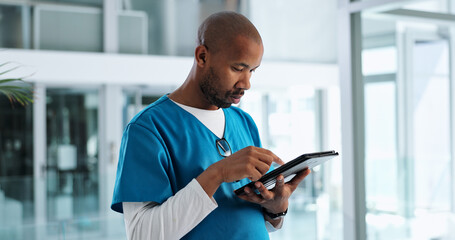 Black man, nurse and clinic with tablet on telehealth for patient appointment, consultation and...