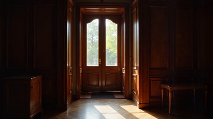 Sunlight streaming through courtroom doors