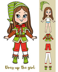 Cute cartoon girl with straight hair with clothes for New Year Elf costume constructor