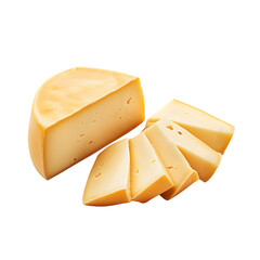Wedge of gouda cheese with sliced portions on transparent background