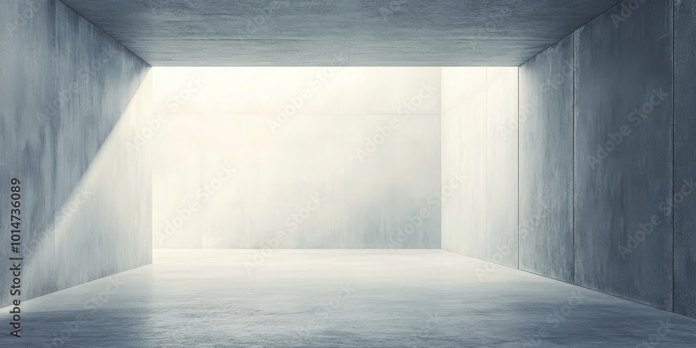 Poster a large, empty room with a window that lets in sunlight. the room is made of concrete and has a very