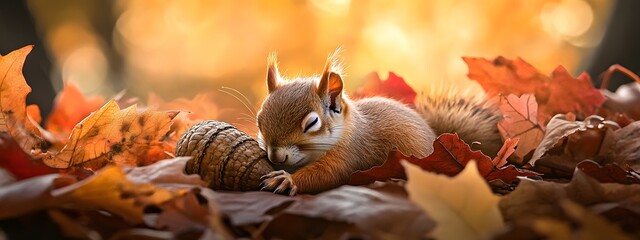 A cute squirrel sleeping in an acorn, surrounded by autumn leaves