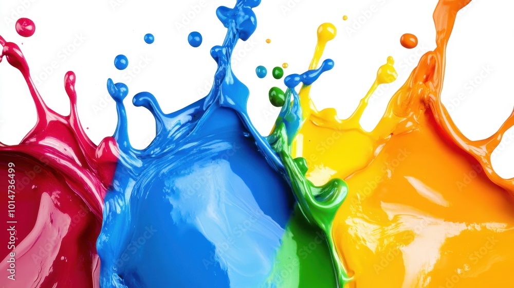 Poster vibrant abstract paint splashes in vivid colors with a large, clear area for text or design elements