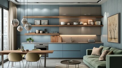 Contemporary living area with azure kitchen cabinets, wooden art shelves, taupe walls, silver lighting, olive green sofa, and sand dining chairs