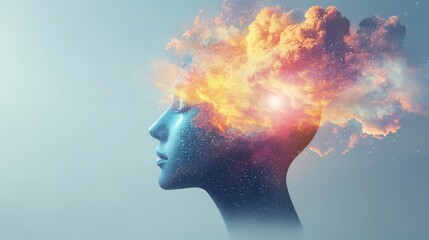 Surreal creative brain with swirling rainbow clouds and light effects in a dreamlike atmosphere