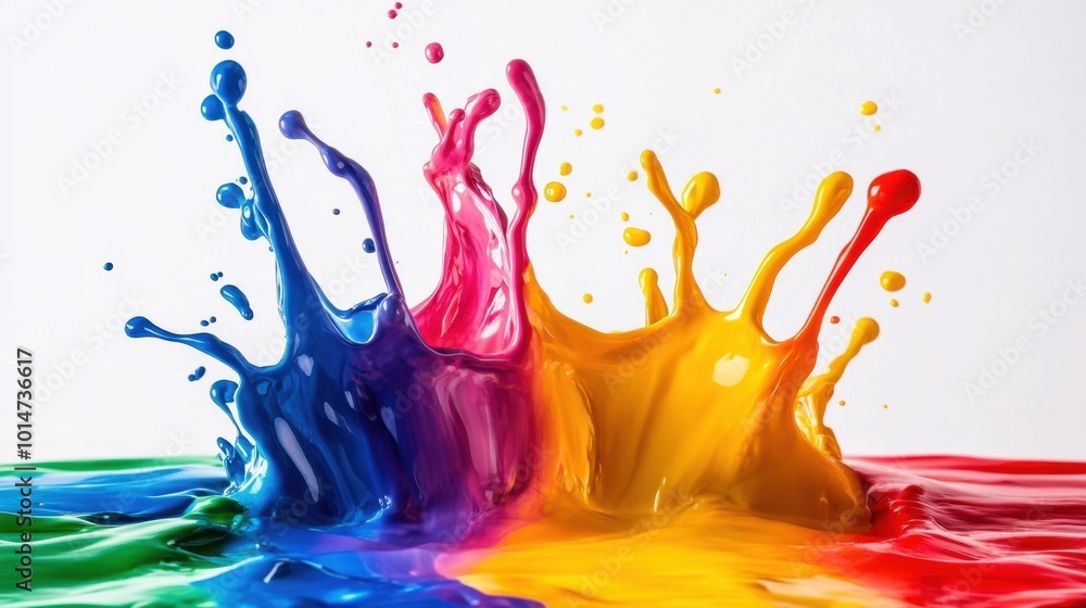 Poster vibrant abstract paint splashes in vivid colors with a large, clear area for text or design elements