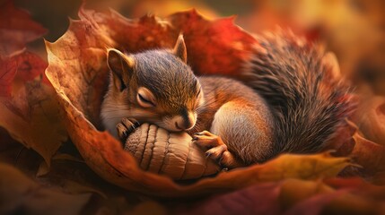 Obraz premium A cute squirrel sleeping in an acorn, surrounded by autumn leaves