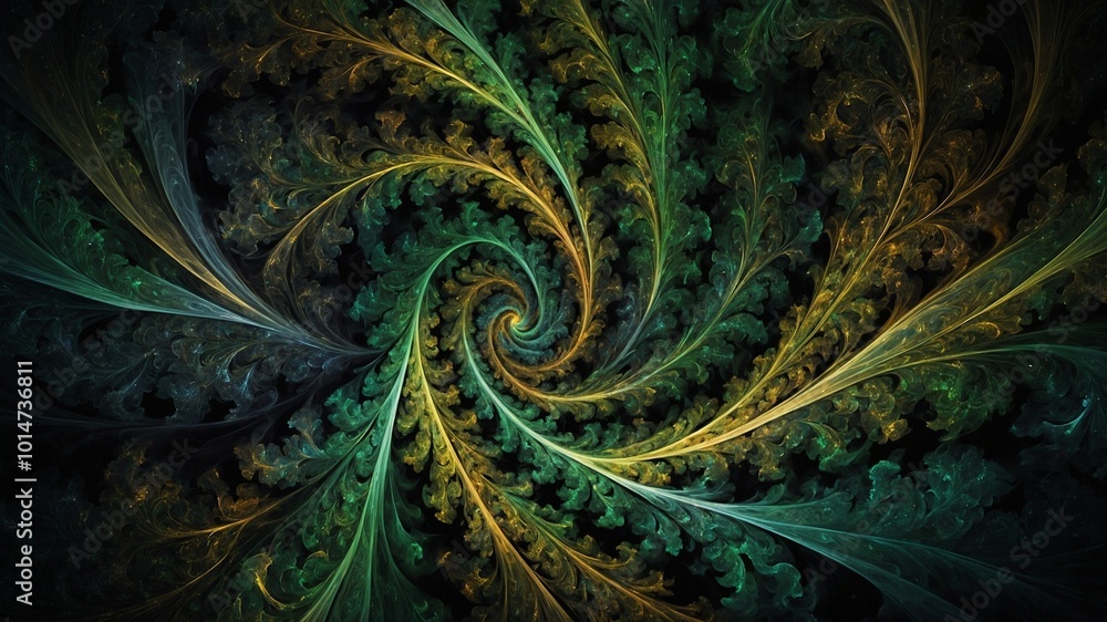 Poster swirling fractal pattern dominates image, creating sense of infinite complexity, depth. intricate de