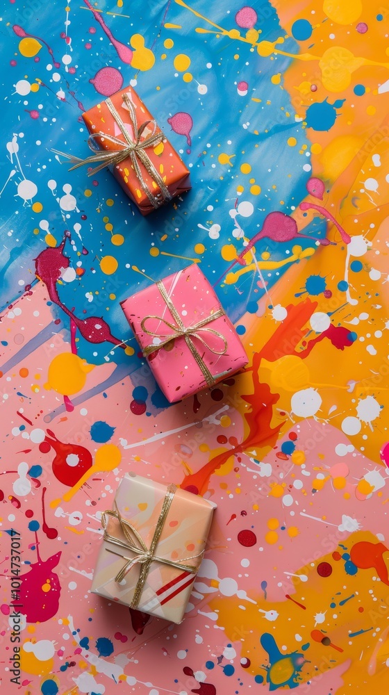 Poster three boxes of gifts are placed on a colorful background with splatters of paint. the boxes are tied