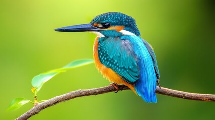 Obraz premium A vibrant blue and orange kingfisher perched on a branch with a blurred green background.