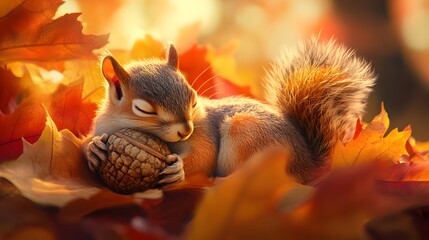 A cute squirrel sleeping in an acorn, surrounded by autumn leaves