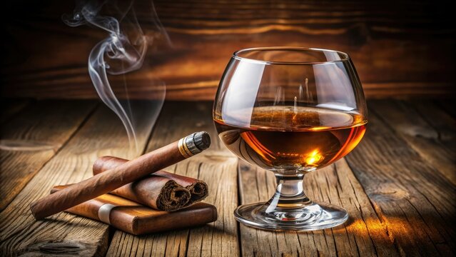 A lavish cognac and cigarillo rest on a polished wooden table, epitomizing indulgence in alcohol and tobaccoâ€”a vibrant symbol of a hedonistic lifestyle.