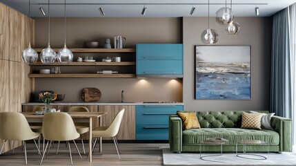 Contemporary living area with azure kitchen cabinets, wooden art shelves, taupe walls, silver lighting, olive green sofa, and sand dining chairs
