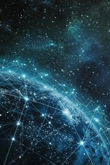 A digital representation of Earth with connecting lines, symbolizing global network connectivity, set against a starry space background.