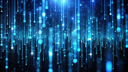An abstract futuristic scene showcasing a blue matrix with vertical lines and dots, elegantly floating on a black background, representing themes of technology and cyber security.