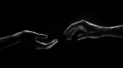Obraz premium Wśród cieni wyłaniają się dwie wyciągnięte ręce, reprezentujące potężną więź wsparcia i empatii. 