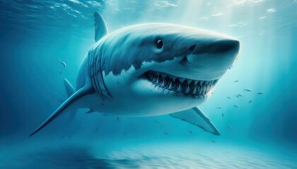 Obraz premium A realistic depiction of a great white shark swimming in a vibrant underwater environment.