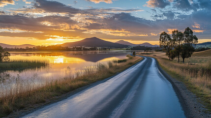 Malowniczy widok jeziora otoczonego delikatnym światłem zachodzącego słońca.