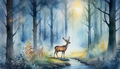 Fototapeta premium A forest scene in watercolor, featuring a deer with sunlight filtering through the trees