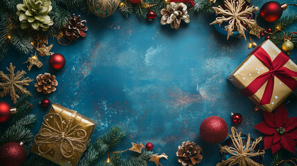 Obraz premium Na tle w intensywnym odcieniu niebieskiego, pełnym świątecznego uroku, znajduje się pięknie zaprojektowana kartka z życzeniami.