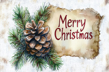A festive illustration featuring a pine cone, evergreen branches, and the text "Merry Christmas," creating a warm holiday atmosphere.