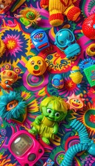 Fototapeta premium Nostalgic 90s Toys on Vibrant Carpet for Retro Design and Decor Inspiration