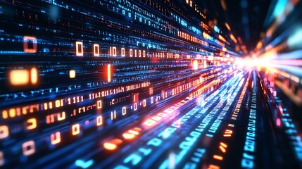 Naklejka premium A vibrant cascade of binary code and data particles flows through a digital landscape at twilight background