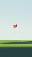 Minimalist Golf Flag on Serene Green Field, solitary flag stands alone, gentle horizon blends seamlessly, tranquil and simple elegance