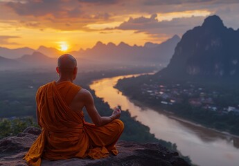 Monk Meditating Overlooking A Serene River At Sunset generative ai