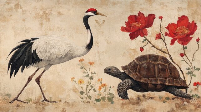 A white crane with red head stands near a tortoise and red flowers on a beige background.